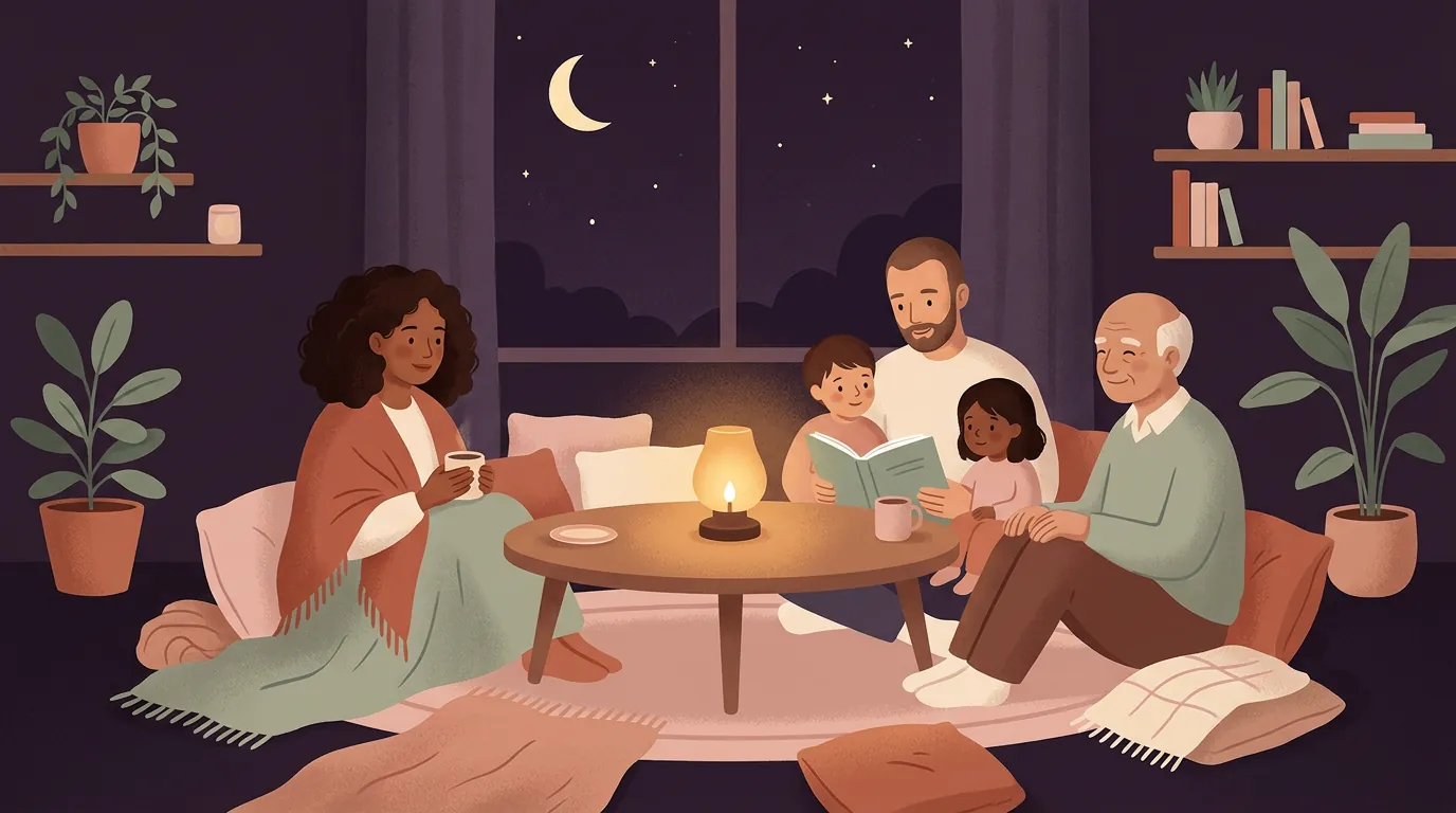 Un salon chaleureux le soir, la famille réunie autour d'une lumière douce