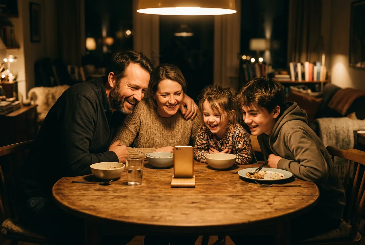 Une famille réunie le soir autour de la table, une lumière douce au centre