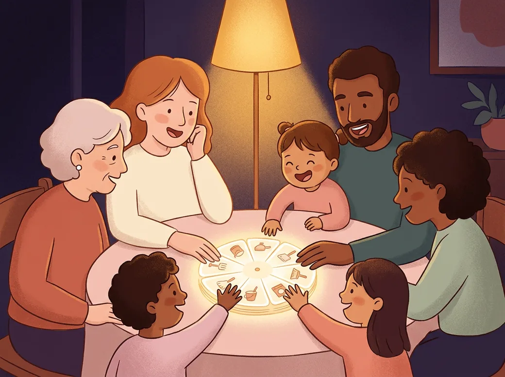 La famille réunie autour du tirage des tâches, lumineux au centre de la table